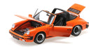 Orange diecast model Porsche convertible car with open doors, hood and trunk, 1:18 scale.
