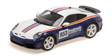 1:18 scale diecast Porsche model car, white with blue accents and racing stripes, number 953