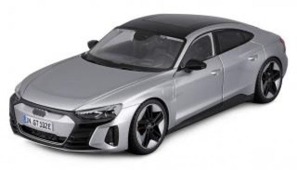 1:18 scale silver diecast model car, modern sports sedan, black accents, detailed wheels