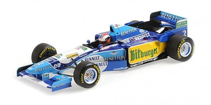 1:18 scale diecast Benetton Renault F1 model car in blue and yellow with detailed decals