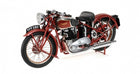 Red vintage diecast motorcycle model with detailed engine and chrome accents on white background