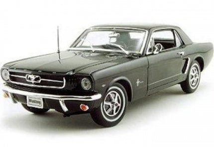 Black diecast model car of a classic Ford Mustang coupe, detailed 1:18 scale collectible.