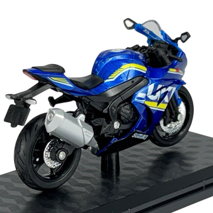 Blue Suzuki diecast model motorcycle on display stand, 1:18 scale, detailed sport bike