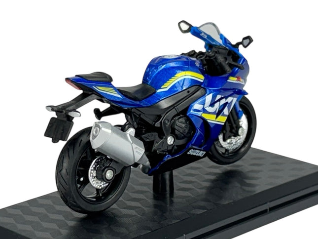 Blue Suzuki diecast model motorcycle on display stand, 1:18 scale, detailed sport bike