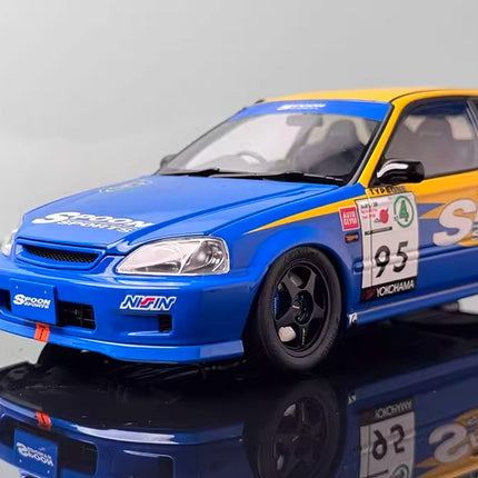 Motorhelix Honda Civic EK9 Type R Yellow and Blue 1:18 Diecast Model Car - studio product photo of the scale model