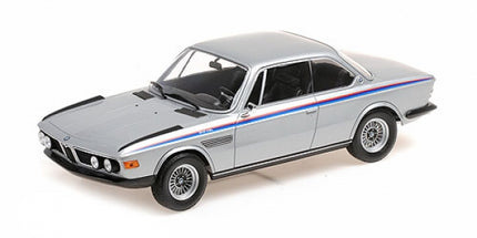 1:18 scale diecast BMW model car in silver with M stripes, classic coupe design