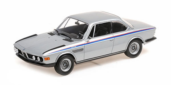 1:18 scale diecast BMW model car in silver with M stripes, classic coupe design