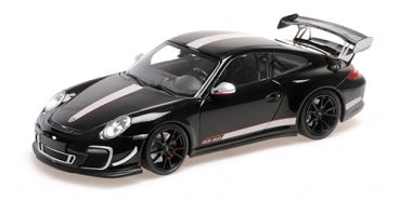 1:18 scale black Porsche diecast model car with rear wing and racing stripes