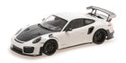 1:18 scale white Porsche sports car diecast model with black accents and rear spoiler