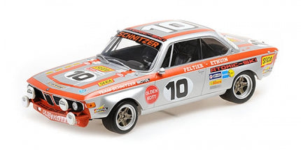 1:18 scale diecast BMW race car model, silver with red detailing and racing number 10