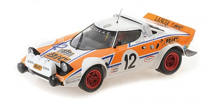 1:18 scale diecast model Lancia Stratos rally car with orange and white BIC livery