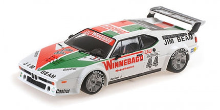 Diecast 1:18 scale BMW M1 race car model with Winnebago and Jim Beam livery, white body