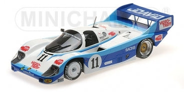 1:18 scale diecast model of blue and white racing car with number 11 and rear wing