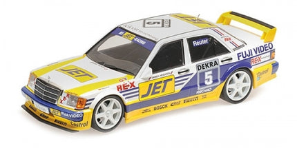 1:18 scale diecast Mercedes-Benz DTM race car model, white with yellow and blue racing livery