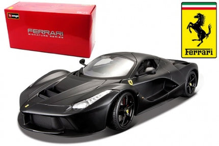 1:18 scale matte black Ferrari LaFerrari diecast model car with box and Ferrari logo