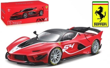 1:18 scale red Ferrari FXX K diecast model car by Bburago with box and Ferrari logo