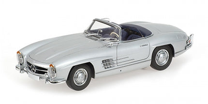 Silver Mercedes-Benz 300SL convertible diecast model car, 1:18 scale, detailed interior