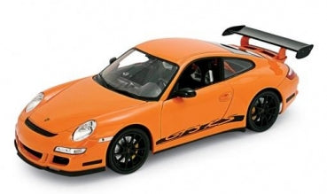 1:18 scale orange Porsche diecast model car with black spoilers and sporty detailing