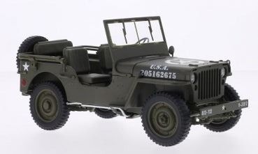 1:18 scale diecast military jeep model, olive green, white army markings, open top