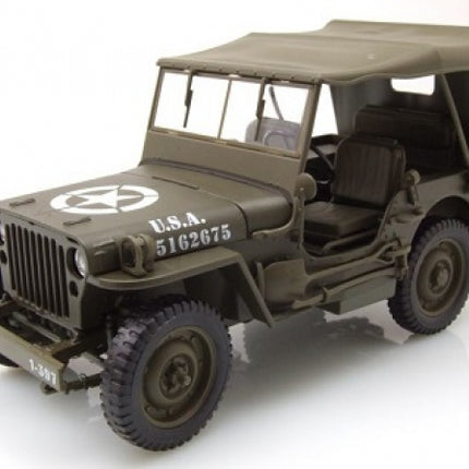 1:18 scale diecast military Jeep model with olive drab finish and detailed markings