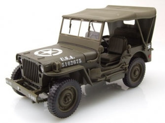 1:18 scale diecast military jeep model, olive drab, with canvas top and detailed interior