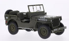 1:18 scale diecast military jeep model, olive green with white U.S.A. markings and open roof