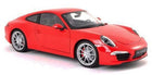 Red 1:18 scale diecast Porsche model car with silver wheels, side view