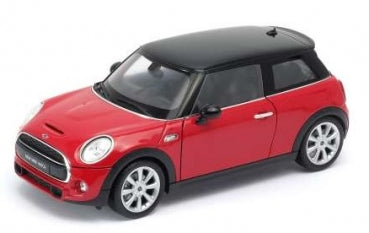 Red and black diecast model Mini Cooper car, 1:18 scale, shown on a white background