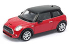 Red diecast model Mini Cooper car with black roof, 1:18 scale collectible toy