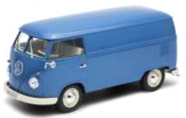 1:18 scale blue vintage van diecast model car with white accents, clear windows, and detailed wheels
