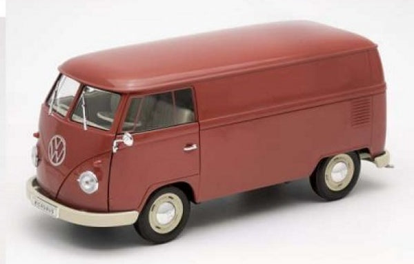 1:18 scale red Volkswagen Type 2 diecast model van on white background