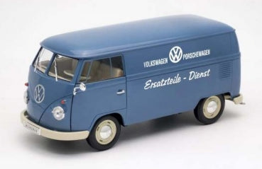 1:18 scale diecast Volkswagen service van model, blue with white lettering, classic design