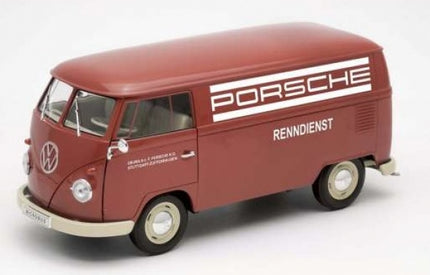 1:18 scale diecast model red Volkswagen Porsche Rennsport van with detailed exterior