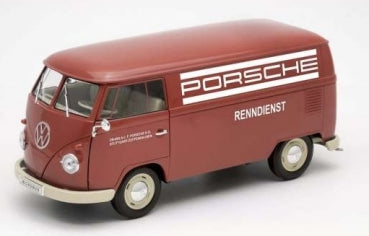 1:18 scale red Porsche Rennsport diecast model van with vintage Volkswagen design