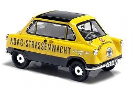 Yellow and black diecast ADAC Strassenwacht model car, 1:18 scale, classic microcar design