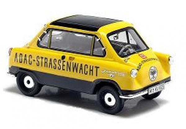 Yellow and black diecast ADAC Strassenwacht model car, 1:18 scale, classic microcar design