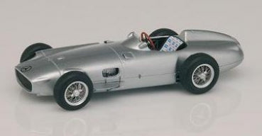 Silver vintage race car diecast model with detailed wheels and open cockpit
