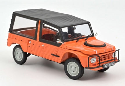 Diecast orange Citroën Méhari model car 1:18 scale with black soft top, side view