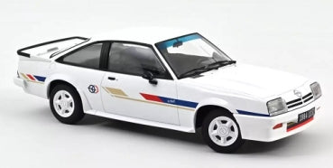 1:18 scale white diecast model car with colored racing stripes and rear spoiler on white background