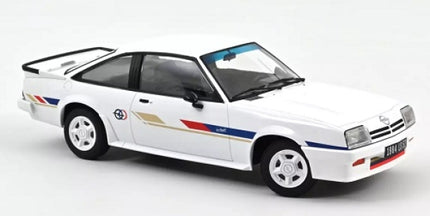 1:18 scale diecast model car, white coupe with racing stripes, detailed exterior