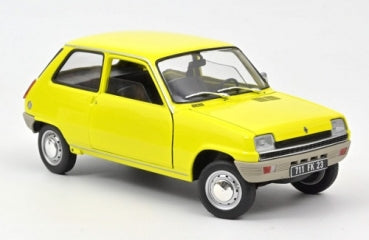 Yellow diecast model car, classic compact hatchback, 1:18 scale, detailed exterior