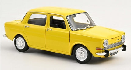 Yellow diecast model car 1:18 scale, classic four-door sedan, white background