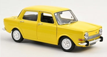 Yellow diecast model car, four-door sedan, 1:18 scale collectible displayed on a white background.