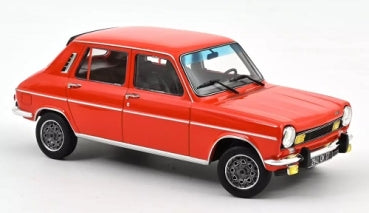 Red 1:18 scale diecast model car with chrome detailing and black interior on white background