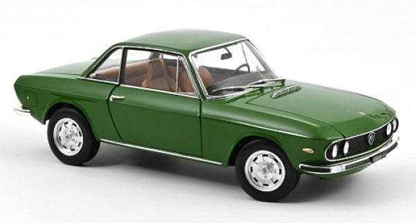Green classic diecast model car with tan interior, 1:18 scale, on white background
