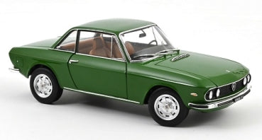 Green diecast classic coupe model car in 1:18 scale with chrome details and brown interior