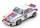 1:18 scale white Porsche diecast model car with racing stripes and number 59 livery