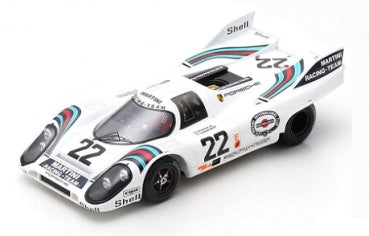 1:18 scale white Porsche race car diecast model with racing decals and Martini stripes