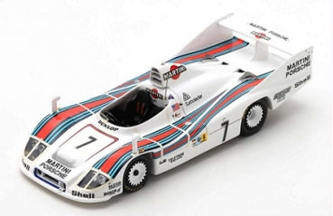 1:18 scale diecast Porsche race car model with Martini livery and number 7 on white background