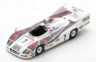 1:18 scale diecast Porsche race car model with Martini livery, white body, blue and red stripes